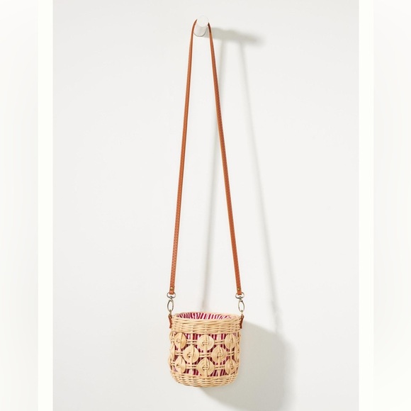 Anthropologie Raffia Bucket Bag Red White Straw Basket Purse NWOT - Picture 4 of 17